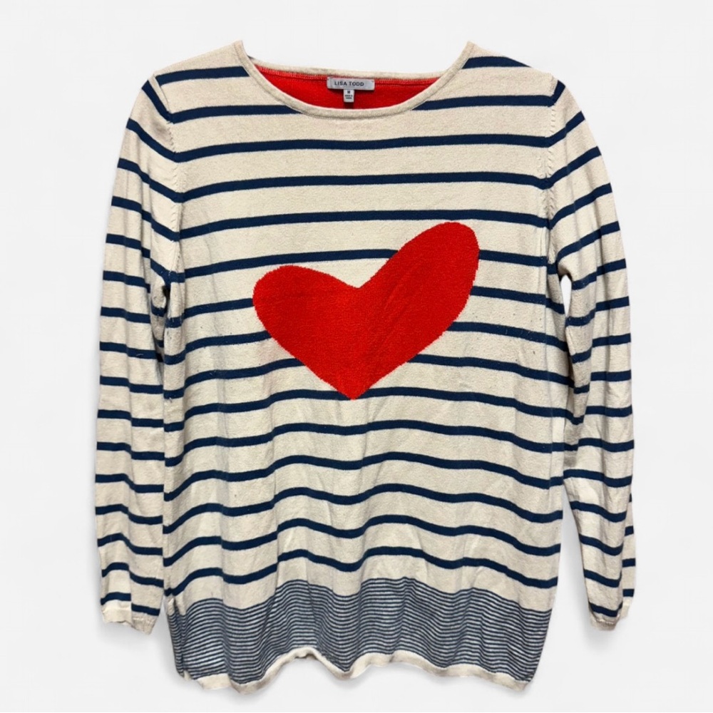 Lisa Todd Navy Striped Cotton/Cashmere Crewneck Sweater with Heart Design